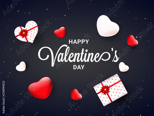 Valentine's Day Background with gift boxes and heart shapes. Top view.