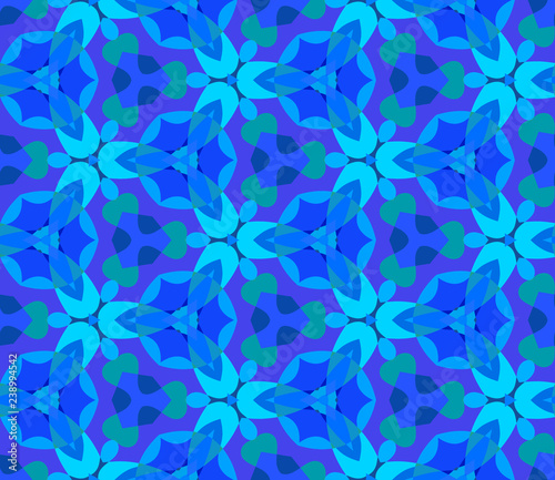 Seamless hexagonal bright pattern from geometrical abstract ornaments multicolored in light blue shades on a dark background. Vector illustration. Suitable for fabric, wallpaper or wrapping paper