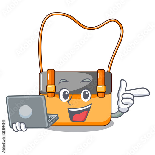 With laptop messenger bag on a isolated mascot