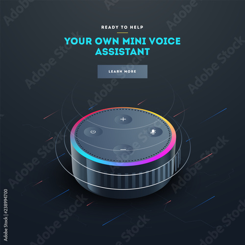 Smart voice recognition gadget. Home adviser or personal assistant. Artificial intelligence technology device.