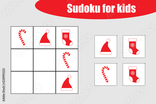 First Sudoku game with christmas pictures for children, easy level, education game for kids, preschool worksheet activity, task for the development of logical thinking, vector illustration