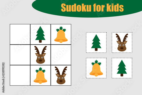 First Sudoku game with christmas pictures for children, easy level, education game for kids, preschool worksheet activity, task for the development of logical thinking, vector illustration