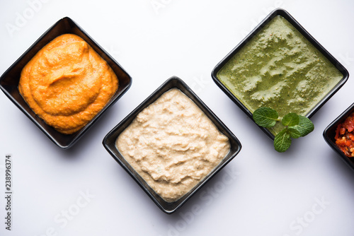 Group of Indian Chutneys includes coconut, Peanut, green and red chilly, garlic and pudina served in small square shape bowls. selective focus photo