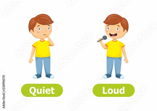 Vector antonyms and opposites. Cartoon characters illustration on white background. Card for children сan be used as a teaching aid for a foreign language learning. Quiet and Loud.