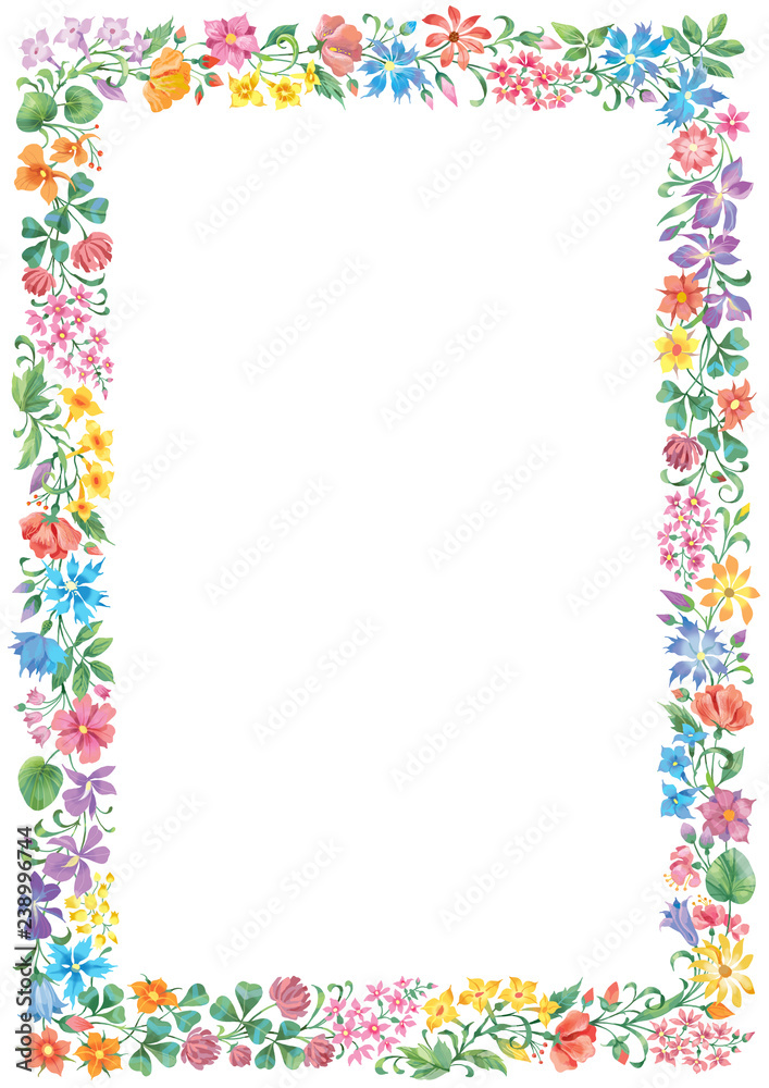 Colorful herbs and flowers frame isolated on white