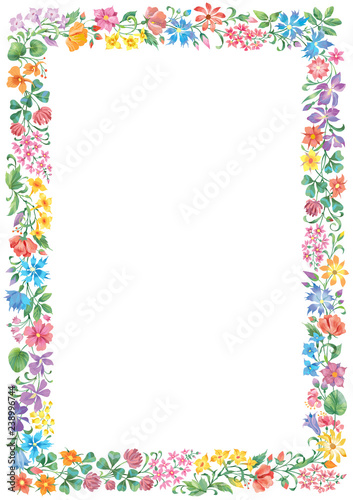 Colorful herbs and flowers frame isolated on white