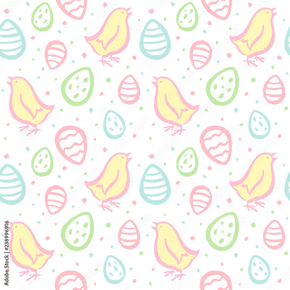 Hand drawn Easter seamless vector pattern. Brush drawn Easter eggs, cute chicks and uneven spots texture. Artistic textured uneven edges. Endless colorful background with chicken and painted eggs. Hand drawn Easter seamless vector pattern. Brush drawn Easter eggs, cute chicks and uneven spots texture. Artistic textured uneven edges. Endless colorful background with chicken and painted eggs.