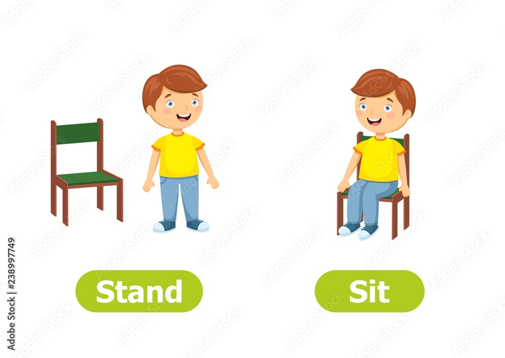 Vector antonyms and opposites. Cartoon characters illustration on white background. Card for children can be used as a teaching aid for a foreign language learning. Stand and Sit.