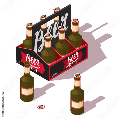 Beer pack icon with open and closed beer bottles. Low poly vector isometric illustration.