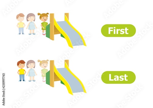 Vector antonyms and opposites. Cartoon characters illustration on white background. Card for children can be used as a teaching aid for a foreign language learning. First and Last.