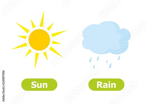 Vector antonyms and opposites. Illustrations on white background. Card for teaching aid, for a foreign language learning. Sun and Rain.