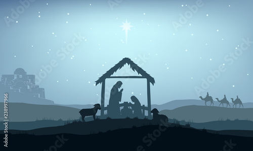 Fotografia Christian Christmas Nativity Scene of baby Jesus in the manger with Mary and Jos
