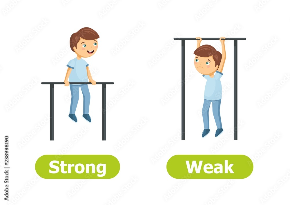 Vector antonyms and opposites. Strong and Weak. Cartoon characters illustration on white background. Card for teaching aid, for a foreign language learning. Vector antonyms and opposites. Strong and Weak. Cartoon characters illustration on white background. Card for teaching aid, for a foreign language learning.