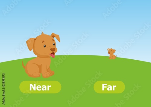 Vector antonyms and opposites. Near and Far. Cartoon characters illustration on white background. Card for teaching aid, for a foreign language learning.