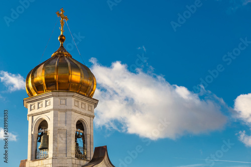 Bell tower of Cathedral of Christ the Saviour in Moscow with blue sky background