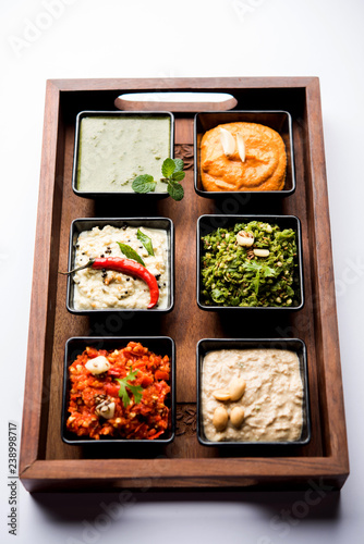 Group of Indian Chutneys includes coconut, Peanut, green and red chilly, garlic and pudina served in small square shape bowls. selective focus