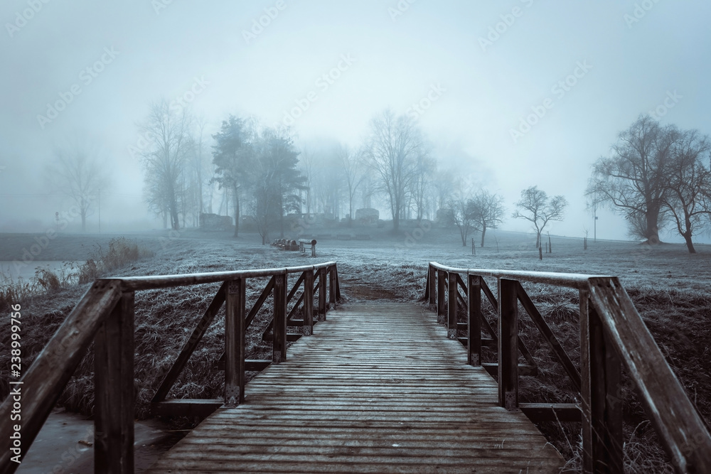 Naklejka premium wooden bridge over pond in the fog