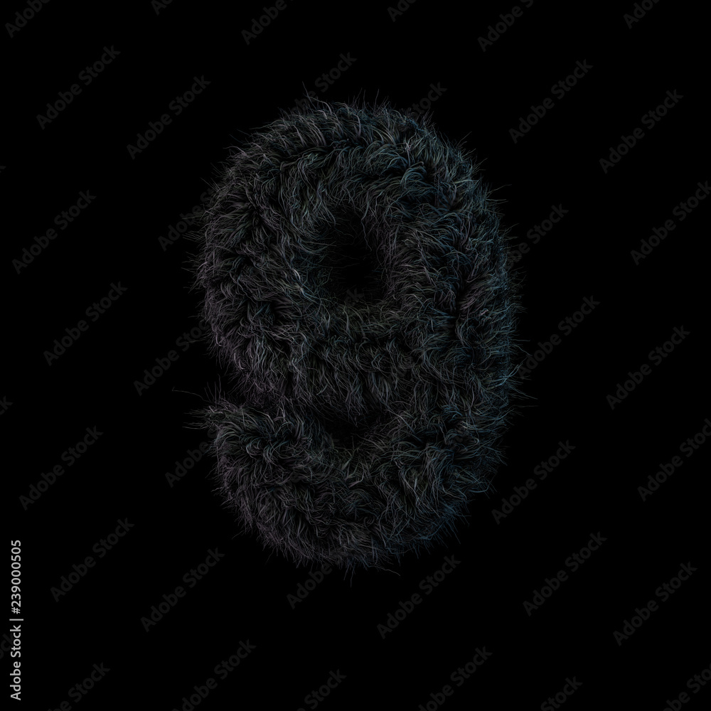 Uppercase fluffy and furry black font. Digit nine. 3D Uppercase fluffy and furry black font. Digit nine. 3D