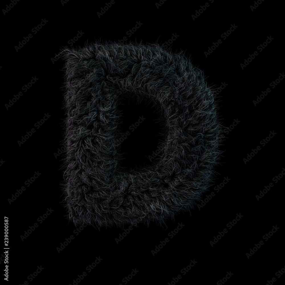 Uppercase fluffy and furry black font. Letter D. 3D