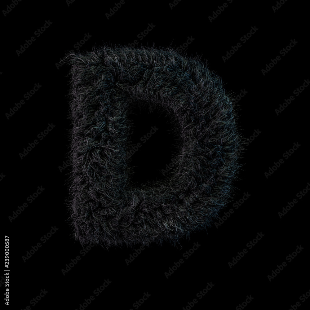 Uppercase fluffy and furry black font. Letter D. 3D Uppercase fluffy and furry black font. Letter D. 3D