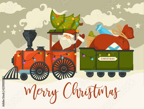 Christmas holiday preparation Santa Claus with evergreen tree riding old locomotive vector winter character