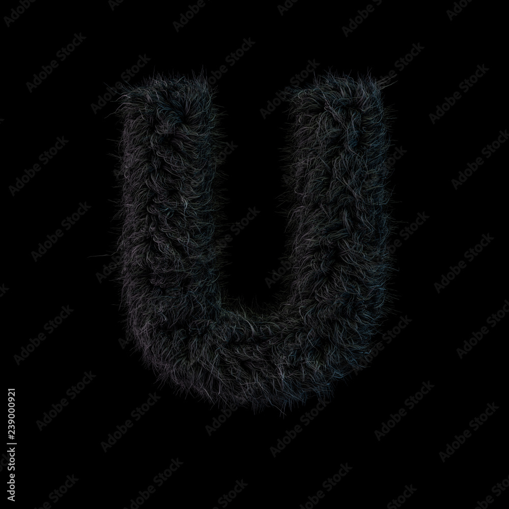 Uppercase fluffy and furry black font. Letter U. 3D Uppercase fluffy and furry black font. Letter U. 3D
