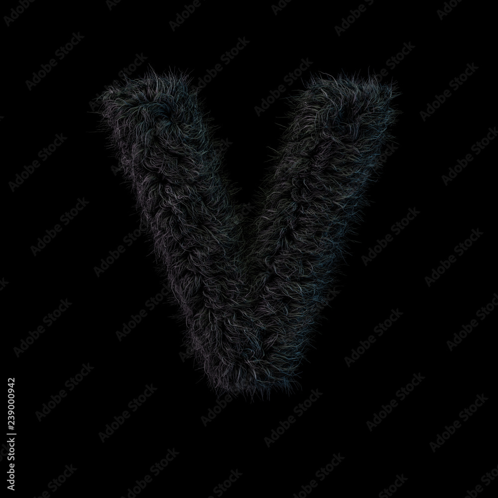 Uppercase fluffy and furry black font. Letter V. 3D Uppercase fluffy and furry black font. Letter V. 3D