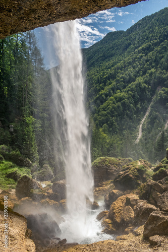 View from behind a waterfall in the Julian Alps, Slovenia © Menyhert