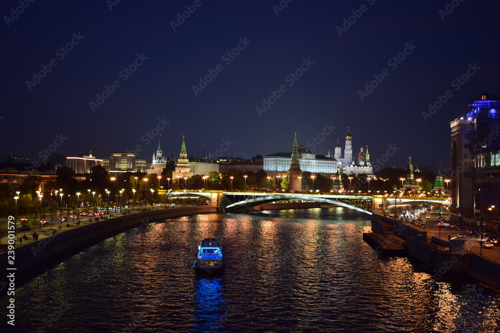 Boat trip  on the river Moscow  at night