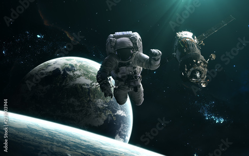 Fototapeta Naklejka Na Ścianę i Meble -  Astronaut, space station, planets and star clusters. Deep space landscape in turquoise light. Science fiction art. Elements of the image were furnished by NASA