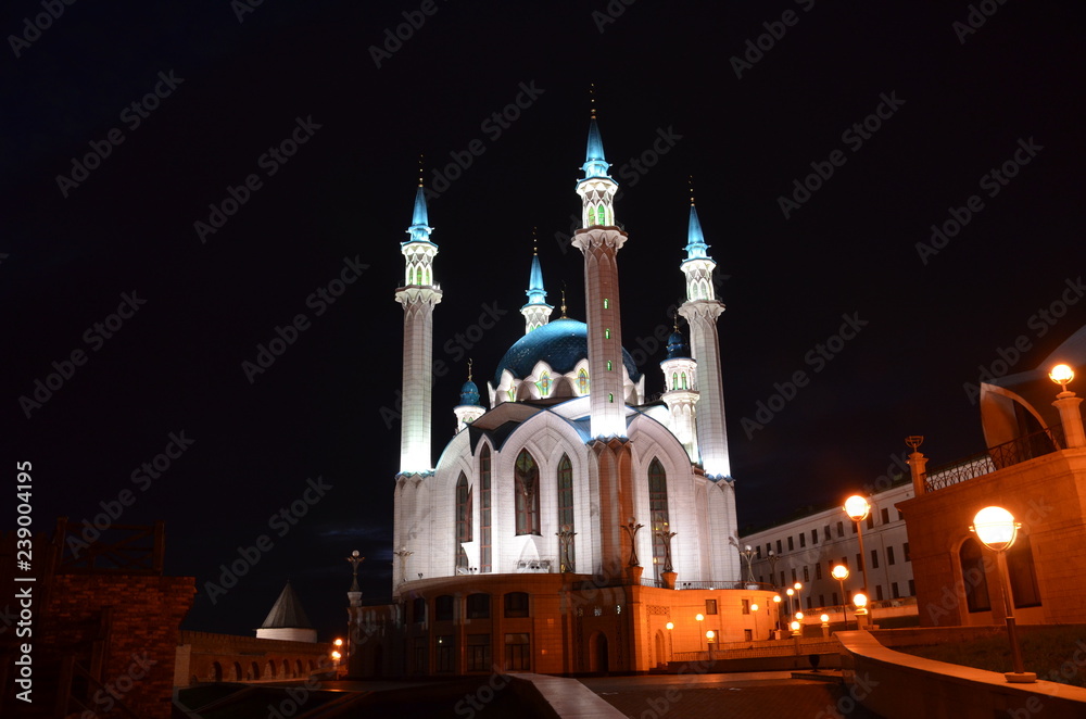 Kul-Sharif Mosque on the territory of the Kremlin in Kazan, Republic of Tatarstan, Russia. Night view.