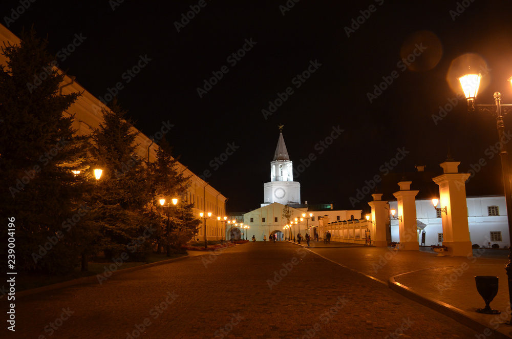 Night view of the white tower of the Kazan Kremlin from the internal territory. Night illumination. Republic of Tatarstan, Russia.
