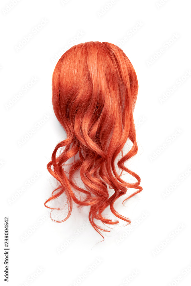 Natural wavy red hair on white background. Woman's head back view Natural wavy red hair on white background. Woman's head back view