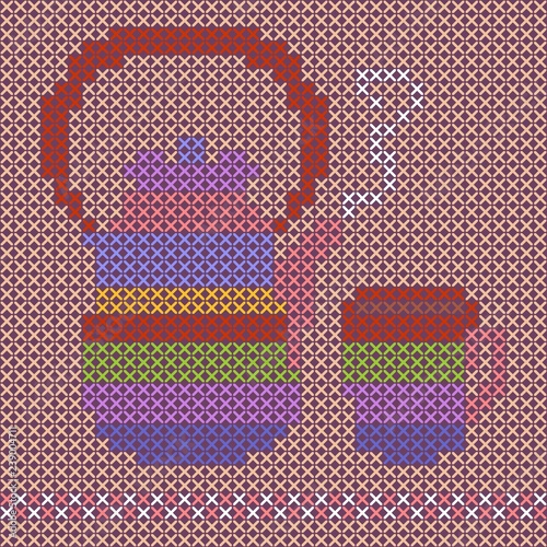 Teapot and teacup. Cross stitch scheme. Vector illustration.
