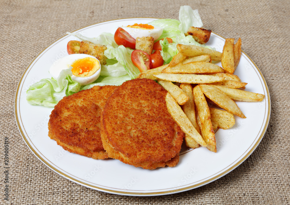 Breaded Chicken steak fries and salad Breaded Chicken steak fries and salad