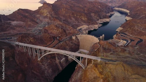 Hoover Dam Flying over helicopter drone Nevada USA Evening aerial view