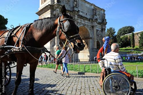ROME, Italy – October 09, 2018:  A Man in wheelchair enjoying outdoors roman vacations. On the background the Arch of Constantine and the horse for the sightseeing with the carriage.