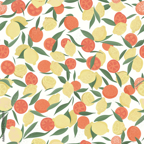 Lemon and orange fruits with leaves on white background. Citrus seamless pattern.