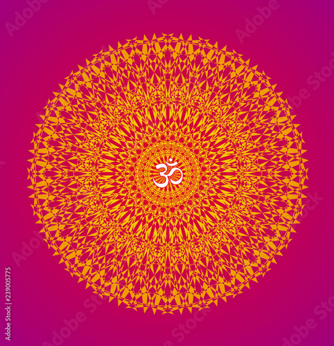 Mandala in yellow and orange colors on a purple background with aum / ohm / om sign in the center. Vector openwork drawing. Spiritual and sacred symbol.