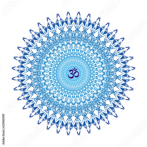 Blue mandala with aum / ohm / om sign in the center. Vector openwork delicate drawing. Spiritual symbol.