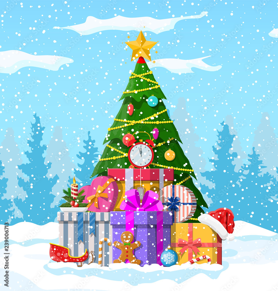 Christmas background. Christmas tree with garlands and balls, gift boxes. Winter landscape fir trees forest snowing. Happy new year celebration. New year xmas holiday. Vector illustration flat style