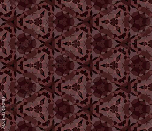 Seamless hexagonal pattern from geometrical abstract ornaments multicolored in brown shades on a dark background. Vector illustration. Suitable for fabric, wallpaper or wrapping paper