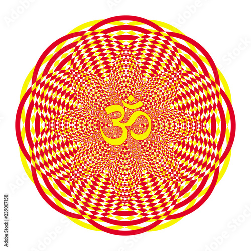 Mandala in Red and yellow colors with aum / ohm / om sign in the center. Vector openwork delicate drawing. Spiritual symbol. 