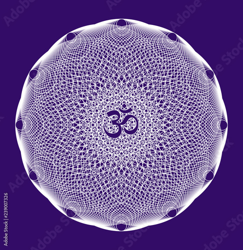 White mandala with aum / ohm / om sign in the center on a blue background. Vector openwork delicate drawing. Spiritual symbol and background.