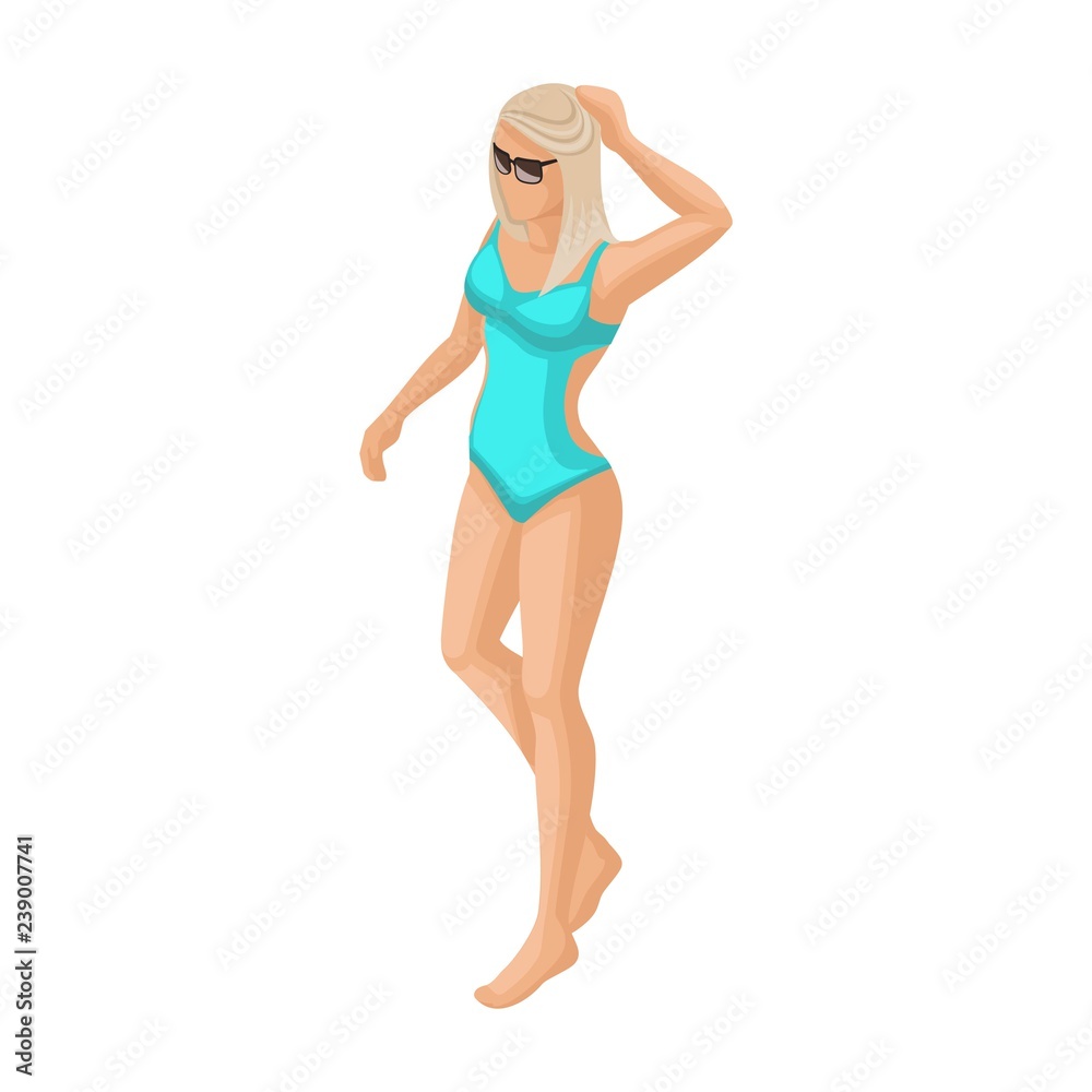 Trendy isometric vector people, 3d girl blonde in a turquoise swimsuit is walking along the beach vector illustration