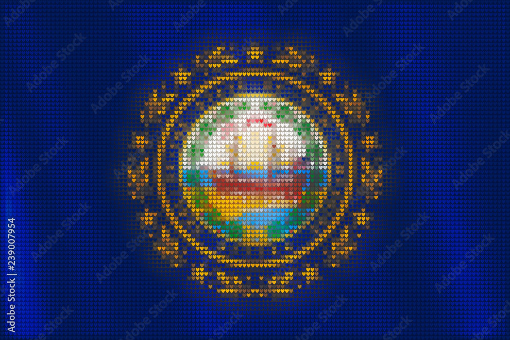 Mosaic heart tiles painting of New Hampshire flag blown in the wind, love state patriotic concept.