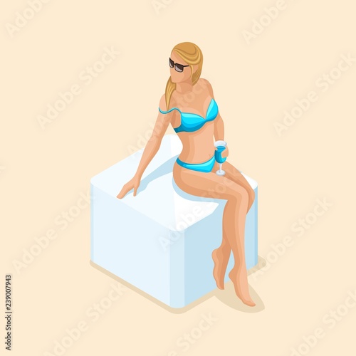 Trendy isometric vector people, 3d girl blonde in a bright bathing suit, sitting on a chair with a glass of cocktail on the beach vector illustration