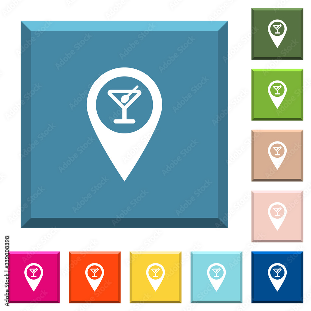 Cocktail bar GPS map location white icons on edged square buttons Cocktail bar GPS map location white icons on edged square buttons