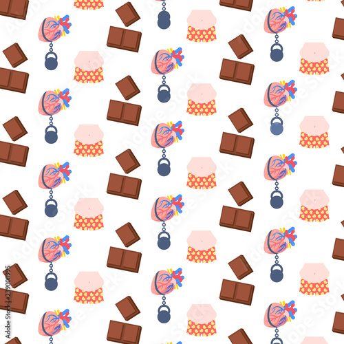 obese overweight fat human big belly dark chocolate heavy weight load on heart unhealthy lifestyle concept seamless pattern flat