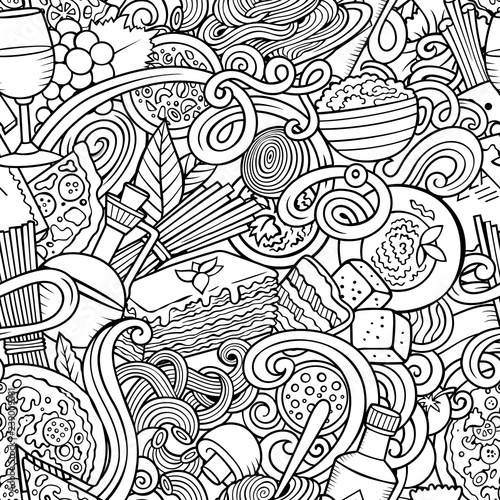 Cartoon cute doodles hand drawn Italian Food seamless pattern. S